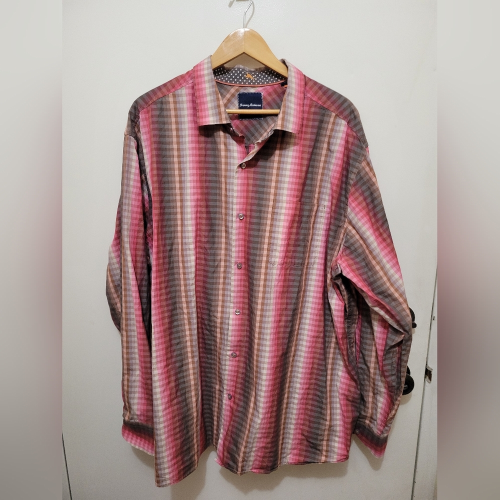Tommy Bahama Men's Pink, Beige and Gray Striped Long Sleeve Shirt